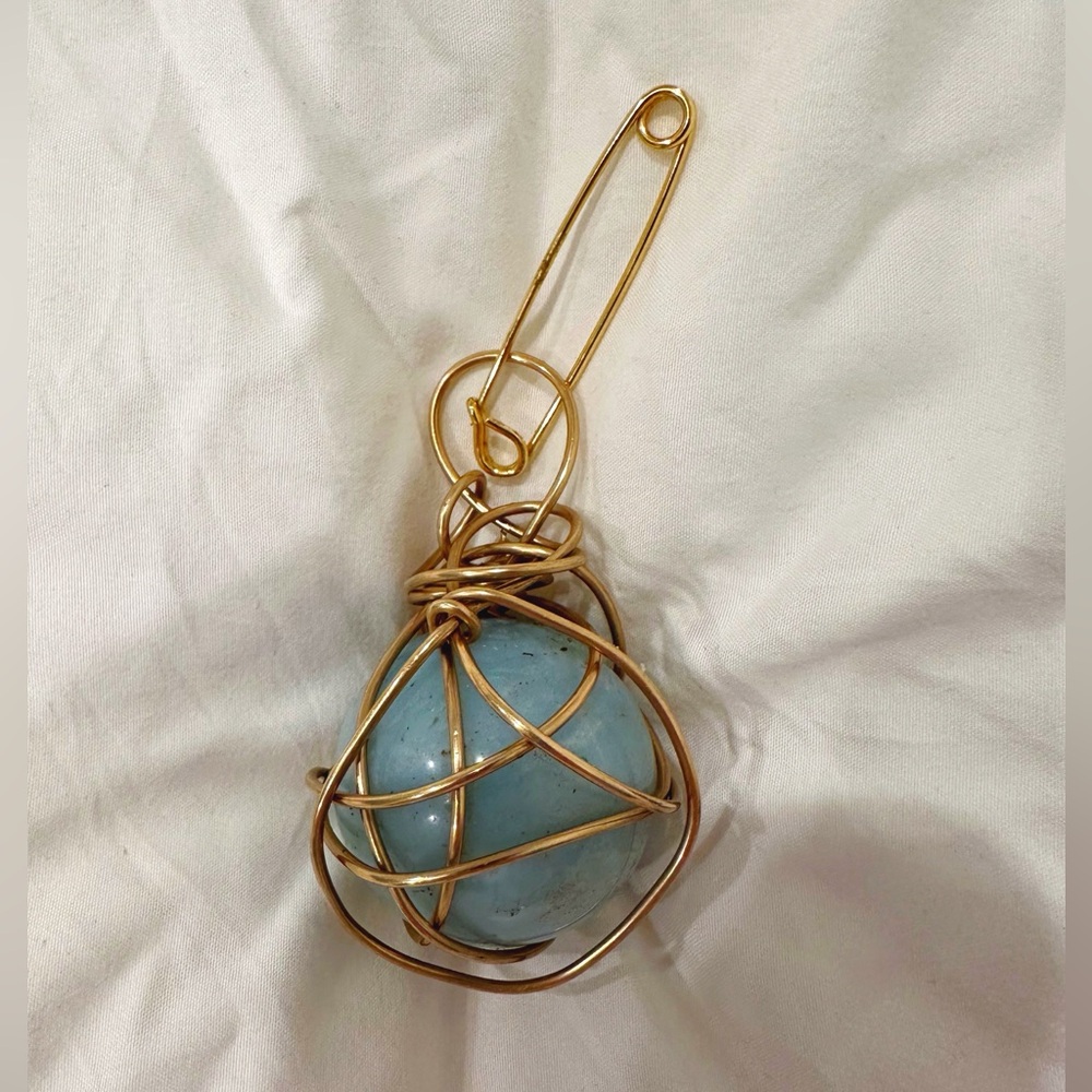 Kazuko Oshima Large Vintage Gold Wire (14k)Wrapped Blue Stone Pendant